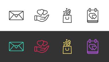 Zarfta sevgililer günü kalbi, kalp eli, alışveriş çantası ve takvimi siyah beyaz olsun. Vektör