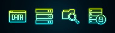 Dosya ve güvenlik asma kilidi ile Veri Analiz Sunucusu Aramasını ayarla. Parlayan neon ikonu. Vektör.