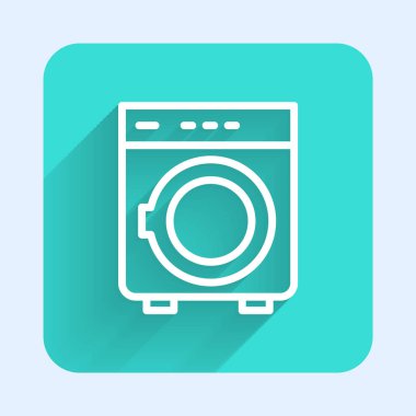 Beyaz çizgi yıkama simgesi uzun gölge arkaplan izole. Çamaşır makinesi simgesi. Çamaşır makinesi, çamaşır makinesi. Ev aletleri sembolü. Yeşil kare düğmesi. Vektör.