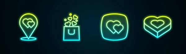 设置线位置与心脏 购物袋 心脏和糖果形状的盒子 发光的霓虹灯图标 — 图库矢量图片