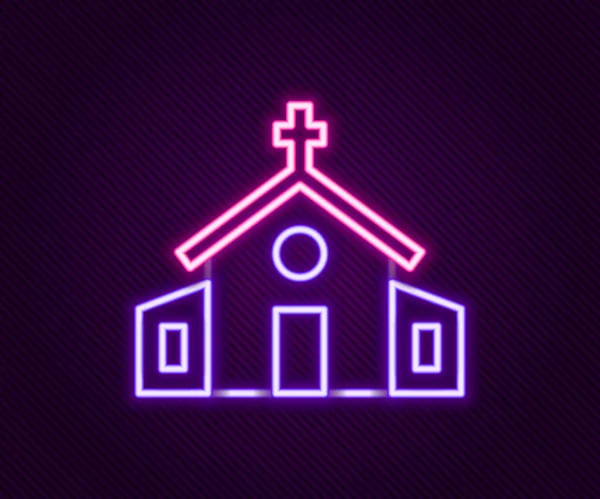 黒い背景に孤立したネオンライン教会の建物のアイコンを光る キリスト教会 教会の宗教 カラフルなアウトラインコンセプト ベクトル — ストックベクタ