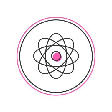 Doldurulmuş Atom simgesi beyaz arkaplanda izole edildi. Bilimin, eğitimin, nükleer fiziğin, bilimsel araştırmaların sembolü. Vektör