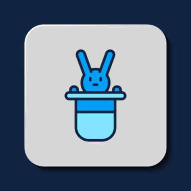 Mavi arka planda izole edilmiş ana hatlı Sihirbaz şapkası ve tavşan ikonu. Sihir numarası. Gizemli eğlence konsepti. Vektör