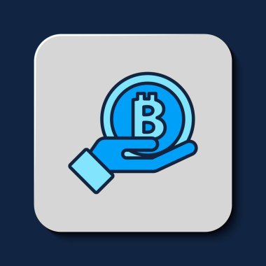 El, Bitcoin simgesini mavi arka planda tutarken çizilmiş. Engelleme teknolojisi, dijital para piyasası, şifreli para cüzdanı. Vektör