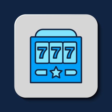 Filled outline Slot machine with lucky sevens jackpot icon isolated on blue background.  Vector