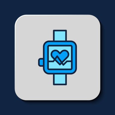 Filled outline Smart watch showing heart beat rate icon isolated on blue background. Fitness App concept.  Vector