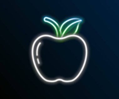 Parlayan neon çizgisi Apple simgesi siyah arkaplanda izole edildi. Yaprak sembollü meyve. Renkli taslak konsepti. Vektör