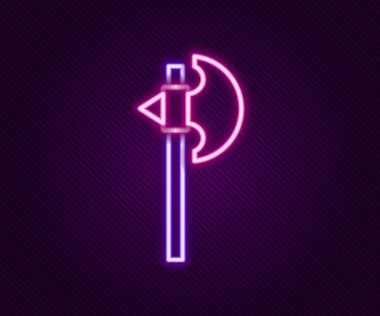 Parlayan neon hattı Ortaçağ balta simgesi siyah arka planda izole edildi. Savaş baltası, cellat baltası. Ortaçağ silahı. Renkli taslak konsepti. Vektör