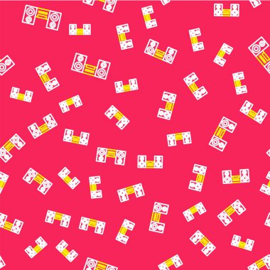 İki hoparlör simgesine sahip Line Home stereo kırmızı arkaplanda izole edilmiş kusursuz desen. Müzik sistemi. Vektör