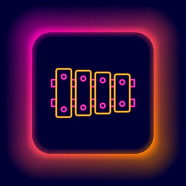 Parlayan neon hattı ksilofon - 13 tahta çubuklu müzik aleti ve siyah arka planda izole edilmiş iki perküsyon tokmağı ikonu. Renkli taslak konsepti. Vektör