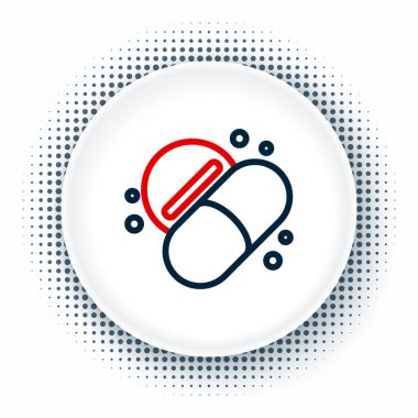 Beyaz arka planda izole edilmiş çizgi ilacı veya tablet ikonu. Kapsül hapı ve uyuşturucu işareti. Eczane tasarımı. Renkli taslak konsepti. Vektör