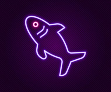 Parlayan neon çizgisi Shark simgesi siyah arkaplanda izole edildi. Renkli taslak konsepti. Vektör