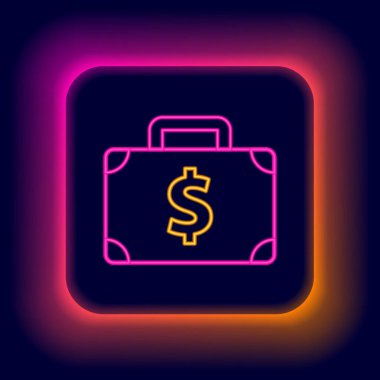 Parlayan neon hattı evrak çantası ve para simgesi siyah arka planda izole edildi. İş ilanı. İş portföyü. Renkli taslak konsepti. Vektör
