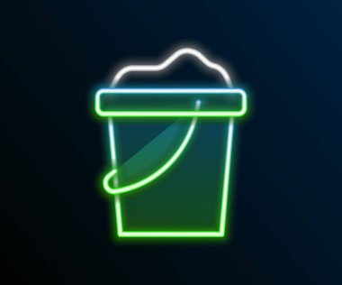 Siyah arka planda izole edilmiş, kova simgesindeki parlak neon çizgisi. Plastik çocuk oyuncağı. Yaz ikonu. Renkli taslak konsepti. Vektör
