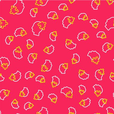 Psikoloji ikonundaki soruna çizgi çözümü kırmızı zemin üzerinde izole edilmiş kusursuz desen. Bulmaca. Akıl sağlığı terapisi. Vektör