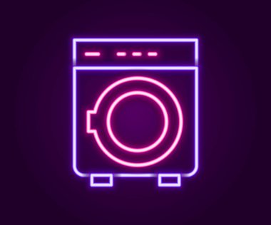 Parlayan neon hattı yıkama ikonu siyah arkaplanda izole edildi. Çamaşır makinesi simgesi. Çamaşır makinesi, çamaşır makinesi. Ev aletleri sembolü. Renkli taslak konsepti. Vektör