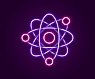 Parlayan neon hattı Atom simgesi siyah arkaplanda izole edildi. Bilimin, eğitimin, nükleer fiziğin, bilimsel araştırmaların sembolü. Renkli taslak konsepti. Vektör