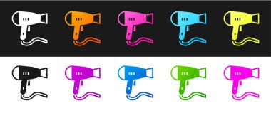 Saç kurutma simgesini siyah beyaz arkaplanda izole et. Saç kurutma makinesi tabelası. Saç kurutma sembolü. Sıcak hava üflüyor. Vektör.