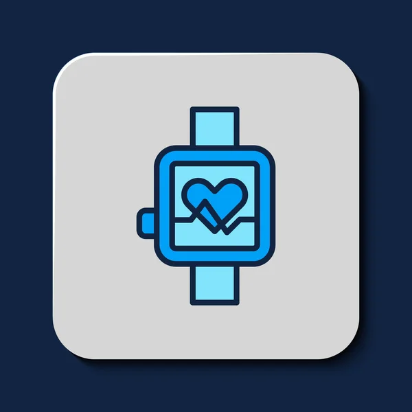 Gefüllte Umrisse Smartwatch Die Das Herzschlagsymbol Auf Blauem Hintergrund Zeigt — Stockvektor
