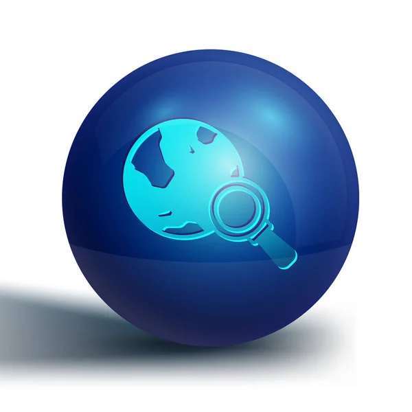 Blue Magnifying Glass Globe Icon Isolated White Background Analyzing World —  Vetores de Stock