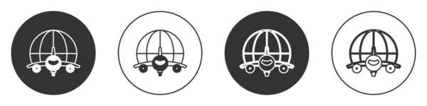 Black Globe Ikonou Létající Letadlo Izolované Bílém Pozadí Letadlo Létá — Stockový vektor