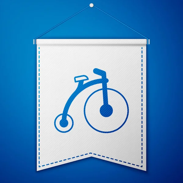 1つの大きなホイールと青の背景に隔離された1つの小さなアイコンとブルーヴィンテージ自転車 自転車公共交通機関の標識 ホワイトペナントテンプレート ベクトル — ストックベクタ