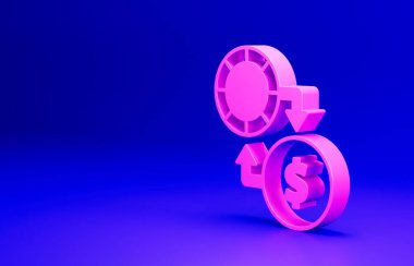 Pembe Kumarhane çipleri mavi arka planda izole edilmiş dolar desteleri üzerinde değiş tokuş yapıyor. Minimalizm kavramı. 3 Boyutlu resimleme.