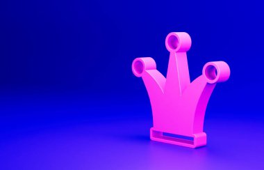 Pembe Joker, mavi arkaplanda izole edilmiş kart simgesi oynuyor. Çanları olan soytarı şapkası. Kumarhane kumarı. Minimalizm kavramı. 3 Boyutlu resimleme.