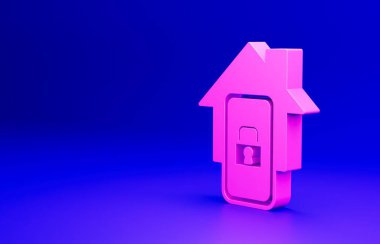 Mavi arka planda akıllı ev simgesine sahip pembe cep telefonu. Uzaktan kumanda. Minimalizm kavramı. 3 Boyutlu resimleme.