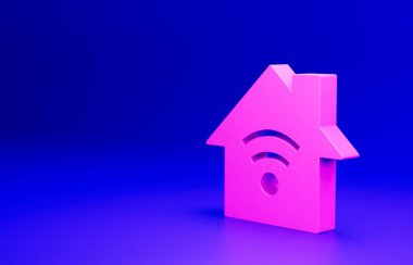 Mavi arka planda kablosuz ağ ikonu olan Pink Smart evi. Uzaktan kumanda. Minimalizm kavramı. 3 Boyutlu resimleme.