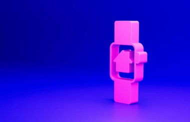 Mavi arka planda akıllı saat simgesine sahip Pink Smart evi. Uzaktan kumanda. Minimalizm kavramı. 3 Boyutlu resimleme.