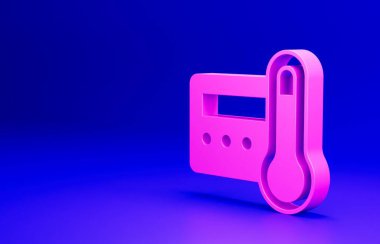 Pembe Termostat simgesi mavi arkaplanda izole edildi. Sıcaklık kontrolü. Minimalizm kavramı. 3 Boyutlu resimleme.