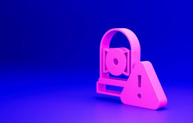 Pembe zil ikonu mavi arkaplanda izole edilmiş. Alarm sembolü, servis zili, el zili işareti, uyarı sembolü. Minimalizm kavramı. 3 Boyutlu resimleme.