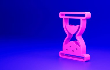 Mavi zemin üzerinde kum ikonu olan eski pembe kum saati. Kum saati işareti. İş ve zaman yönetimi kavramı. Minimalizm kavramı. 3 Boyutlu resimleme.