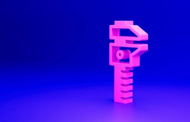 Pembe Calliper veya kalibre ve ölçek simgesi mavi arkaplanda izole edilmiş. Hassas ölçüm aletleri. Minimalizm kavramı. 3 Boyutlu resimleme.