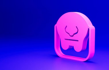 Mavi arka planda pembe bıyık ve sakal ikonu var. Berber dükkanı sembolü. Yüz kılı stili. Minimalizm kavramı. 3 Boyutlu resimleme.