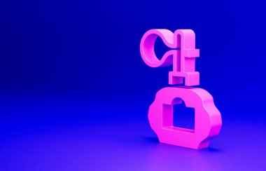 Mavi arka planda izole edilmiş atom ikonu olan pembe tıraş losyonu şişesi. Parfüm spreyi ikonu. Erkek parfüm şişesi. Minimalizm kavramı. 3 Boyutlu resimleme.