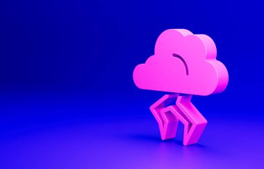 Pembe Fırtına simgesi mavi arkaplanda izole edildi. Bulut ve şimşek işareti. Fırtınanın hava durumu ikonu. Minimalizm kavramı. 3 Boyutlu resimleme.