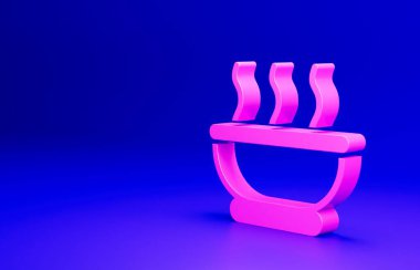 Mavi arka planda izole edilmiş sıcak çorba ikonu pembe kasesi. Minimalizm kavramı. 3 Boyutlu resimleme.