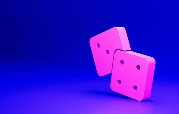 Pink Game dice icon isolated on blue background. Casino gambling. Minimalism concept. 3D render illustration.