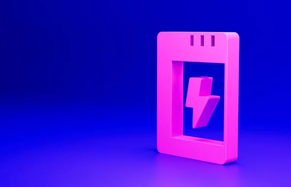 青の背景に隔離されたカメラアイコンのためのピンクのバッテリー 稲妻のシンボル 最小限の概念 3Dレンダリング図 — ストック写真