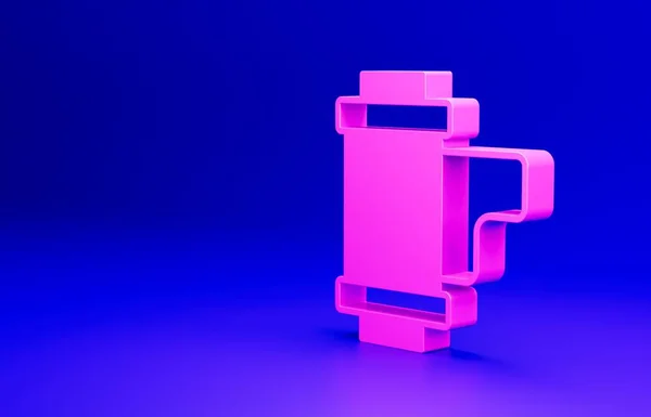 stock image Pink Camera vintage film roll cartridge icon isolated on blue background. 35mm film canister. Filmstrip photographer equipment. Minimalism concept. 3D render illustration.