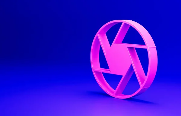 Pink Camera shutter icon isolated on blue background. Minimalism concept. 3D render illustration.