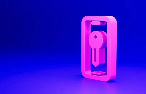 Rózsaszín Smart Kulcs Ikon Elszigetelt Kék Háttérrel Minimalizmus Koncepció Renderelés — Stock Fotó