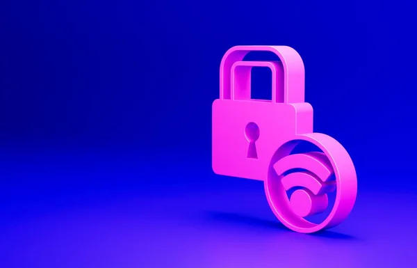 粉色数字门锁与无线技术解锁图标隔离蓝色背景 门把手的标志 安全聪明的家 最低纲领的概念 3D渲染说明 — 图库照片