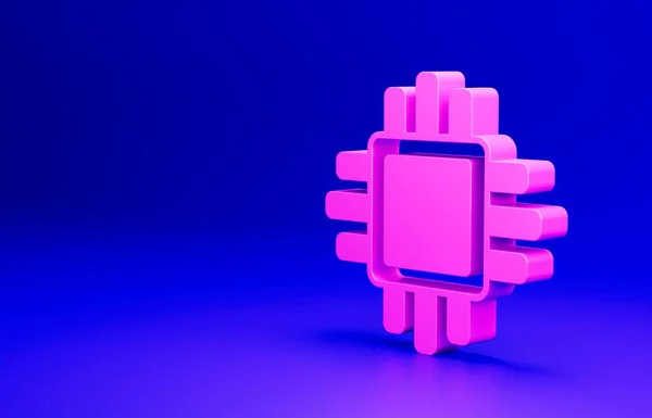 Pink Computer processor with microcircuits CPU icon isolated on blue background. Chip or cpu with circuit board. Micro processor. Minimalism concept. 3D render illustration.