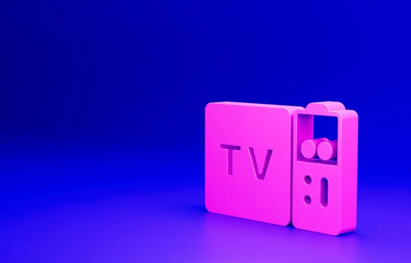 Rózsaszín Multimédia Box Vevő Lejátszó Távirányító Ikon Elszigetelt Kék Háttérrel — Stock Fotó