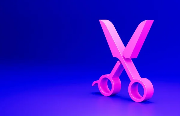 Pink Scissors hairdresser icon isolated on blue background. Hairdresser, fashion salon and barber sign. Barbershop symbol. Minimalism concept. 3D render illustration.