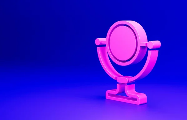 Pink Round makeup mirror icon isolated on blue background. Minimalism concept. 3D render illustration.