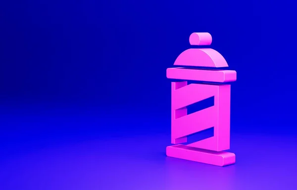 Pink Classic Barber shop pole icon isolated on blue background. Barbershop pole symbol. Minimalism concept. 3D render illustration.